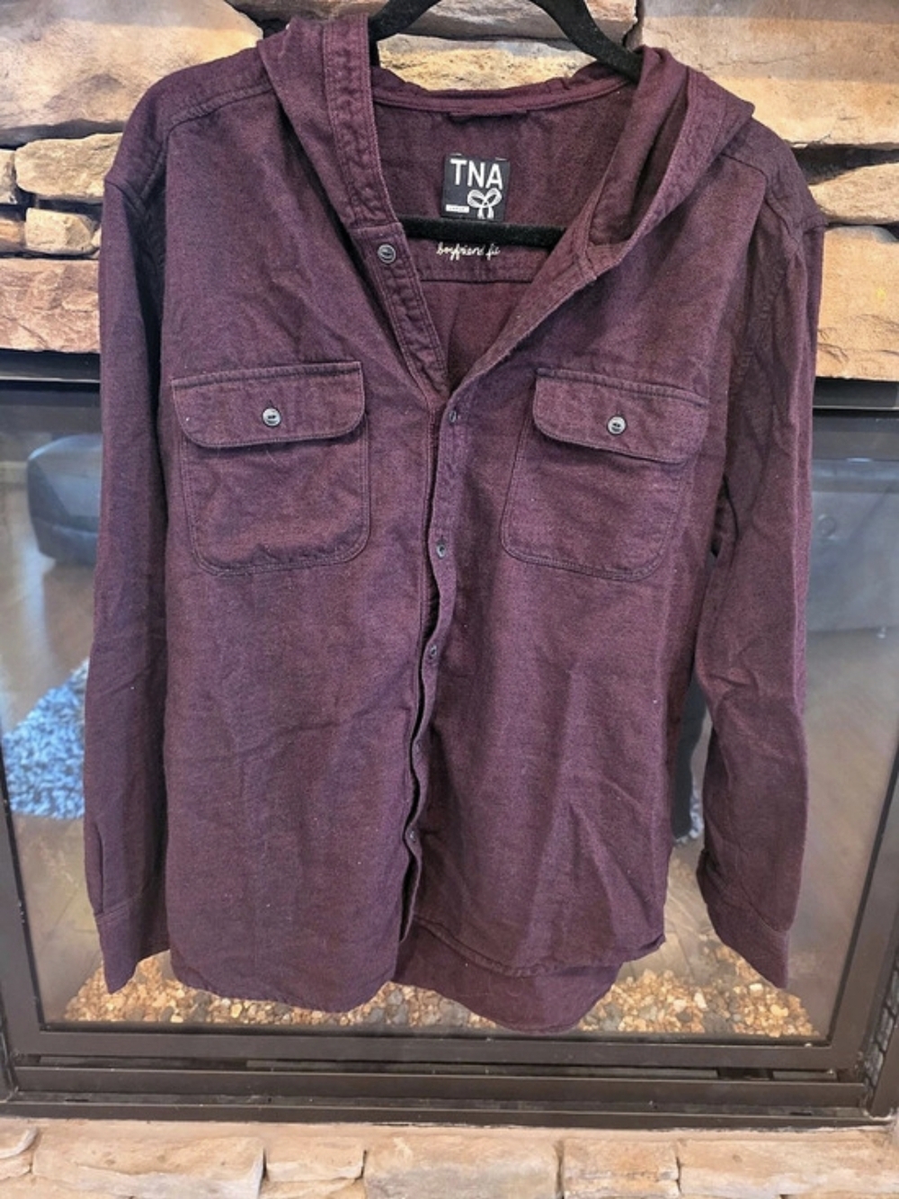 TNA boyfriend fit Plaid Hooded Shirt in Purple Size Large